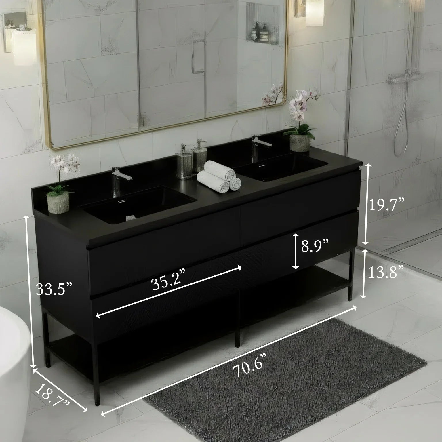 72" Black Wall Mount Double Sink Bathroom Vanity with Black Engineered Quartz Countertop-Migration_Bathroom Vanities-DECOROLALA