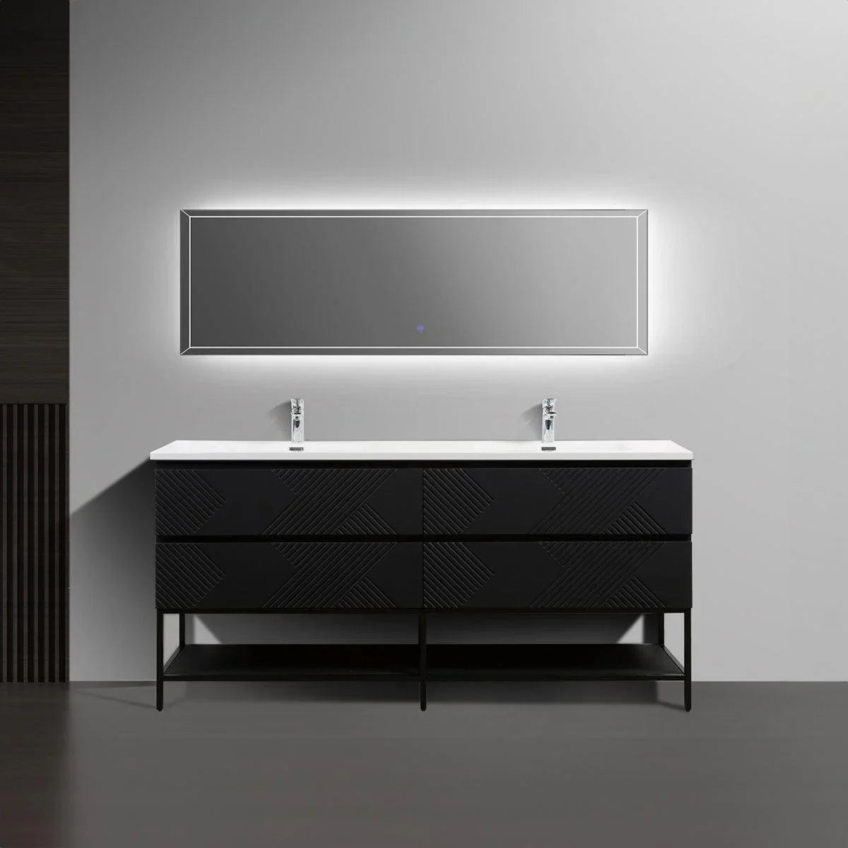 72" Black Wall Mount Double Sink Bathroom Vanity with White Polymarble Countertop-Migration_Bathroom Vanities-DECOROLALA