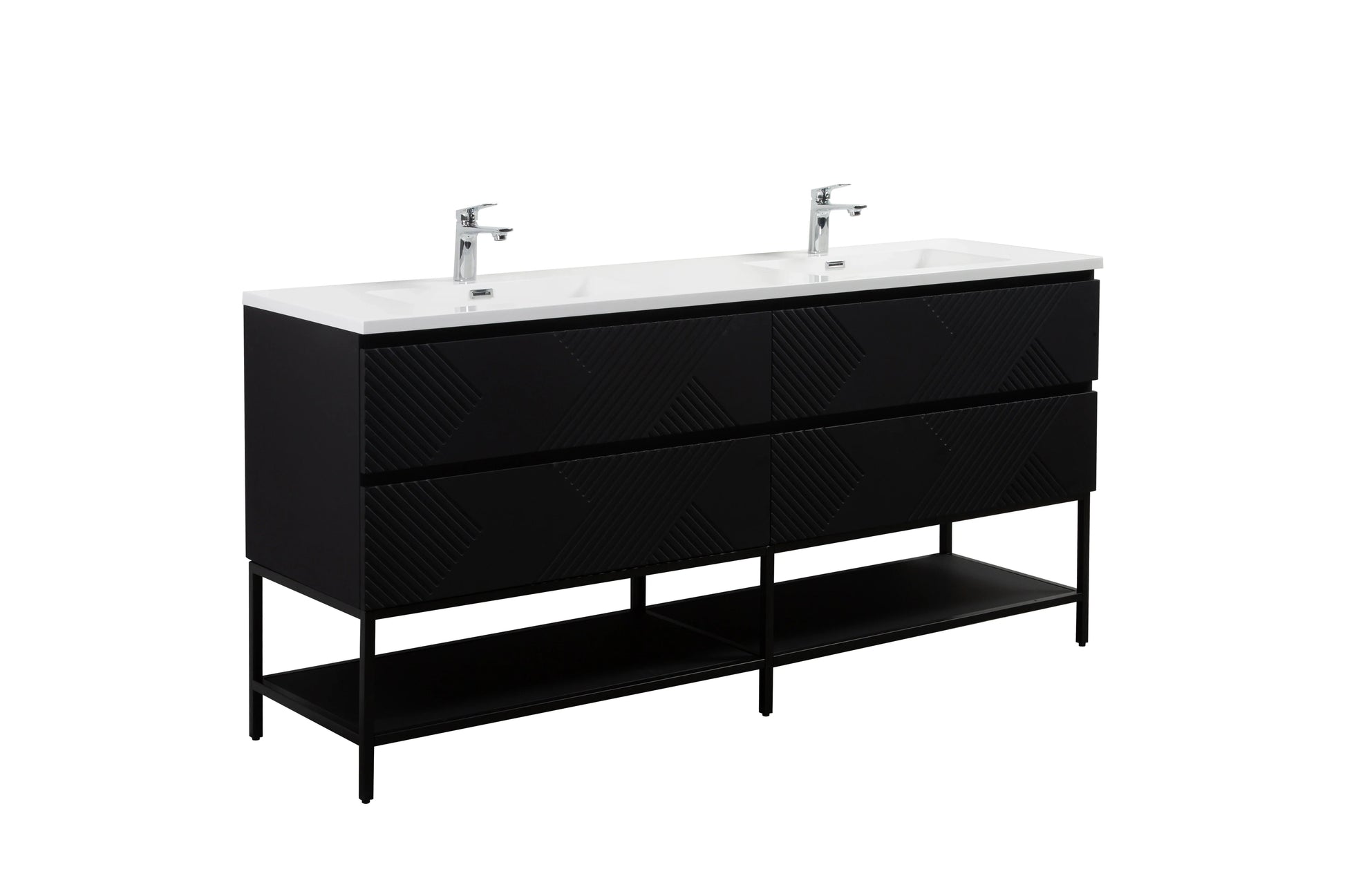 72" Black Wall Mount Double Sink Bathroom Vanity with White Polymarble Countertop-Migration_Bathroom Vanities-DECOROLALA