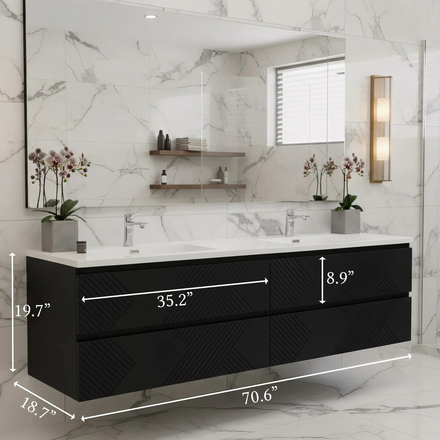 72" Black Wall Mount Double Sink Bathroom Vanity with White Polymarble Countertop-Migration_Bathroom Vanities-DECOROLALA