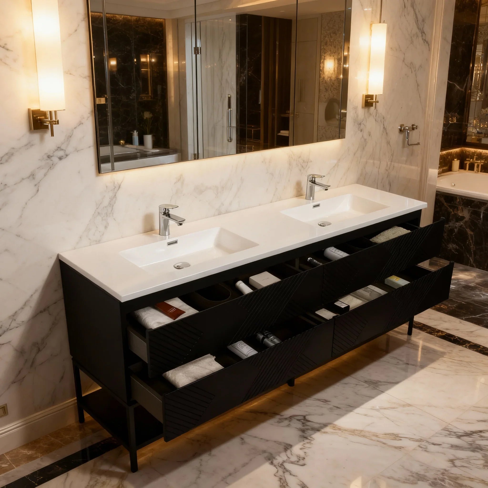 72" Black Wall Mount Double Sink Bathroom Vanity with White Polymarble Countertop-Migration_Bathroom Vanities-DECOROLALA