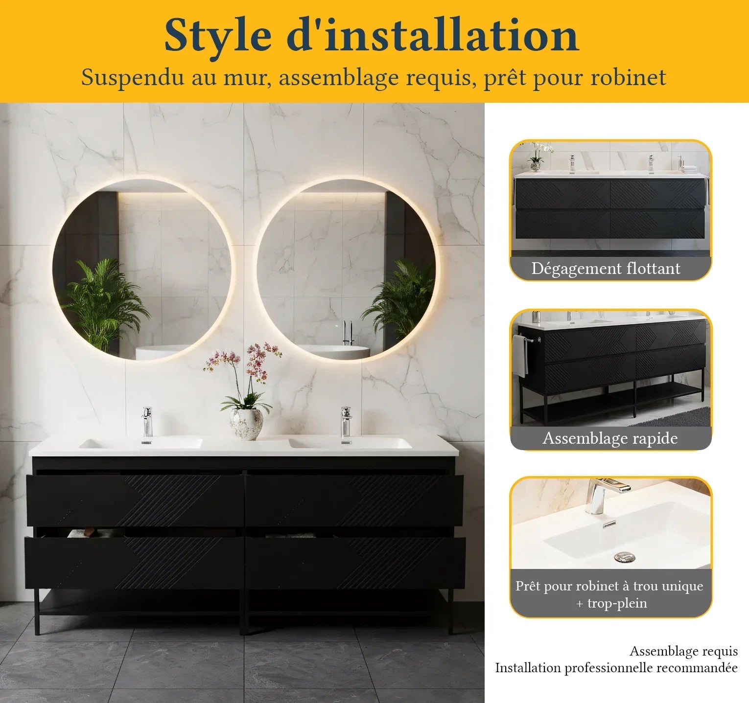 72" Black Wall Mount Double Sink Bathroom Vanity with White Polymarble Countertop-Migration_Bathroom Vanities-DECOROLALA