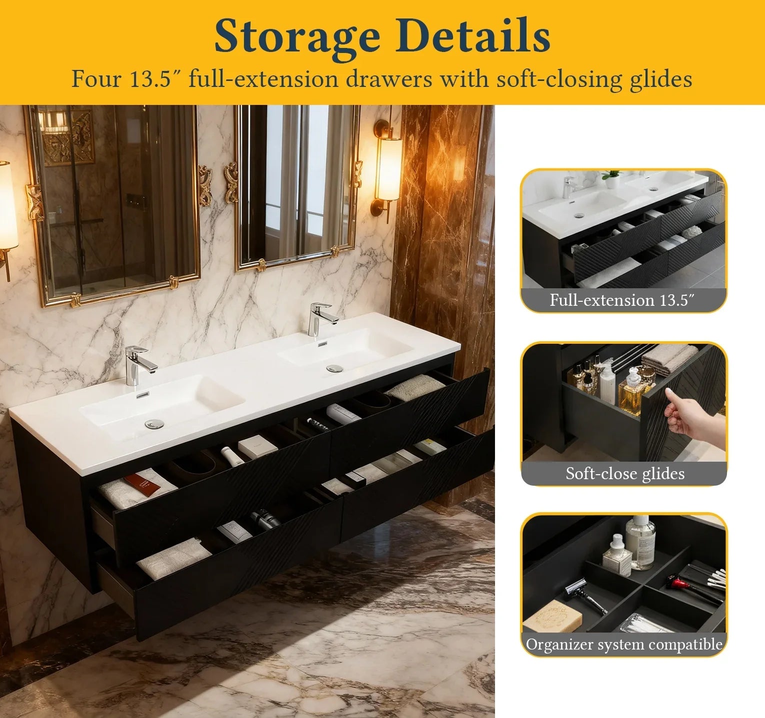 72" Black Wall Mount Double Sink Bathroom Vanity with White Polymarble Countertop-Migration_Bathroom Vanities-DECOROLALA