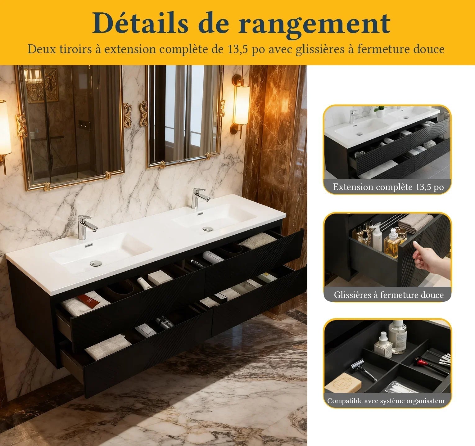 72" Black Wall Mount Double Sink Bathroom Vanity with White Polymarble Countertop-Migration_Bathroom Vanities-DECOROLALA