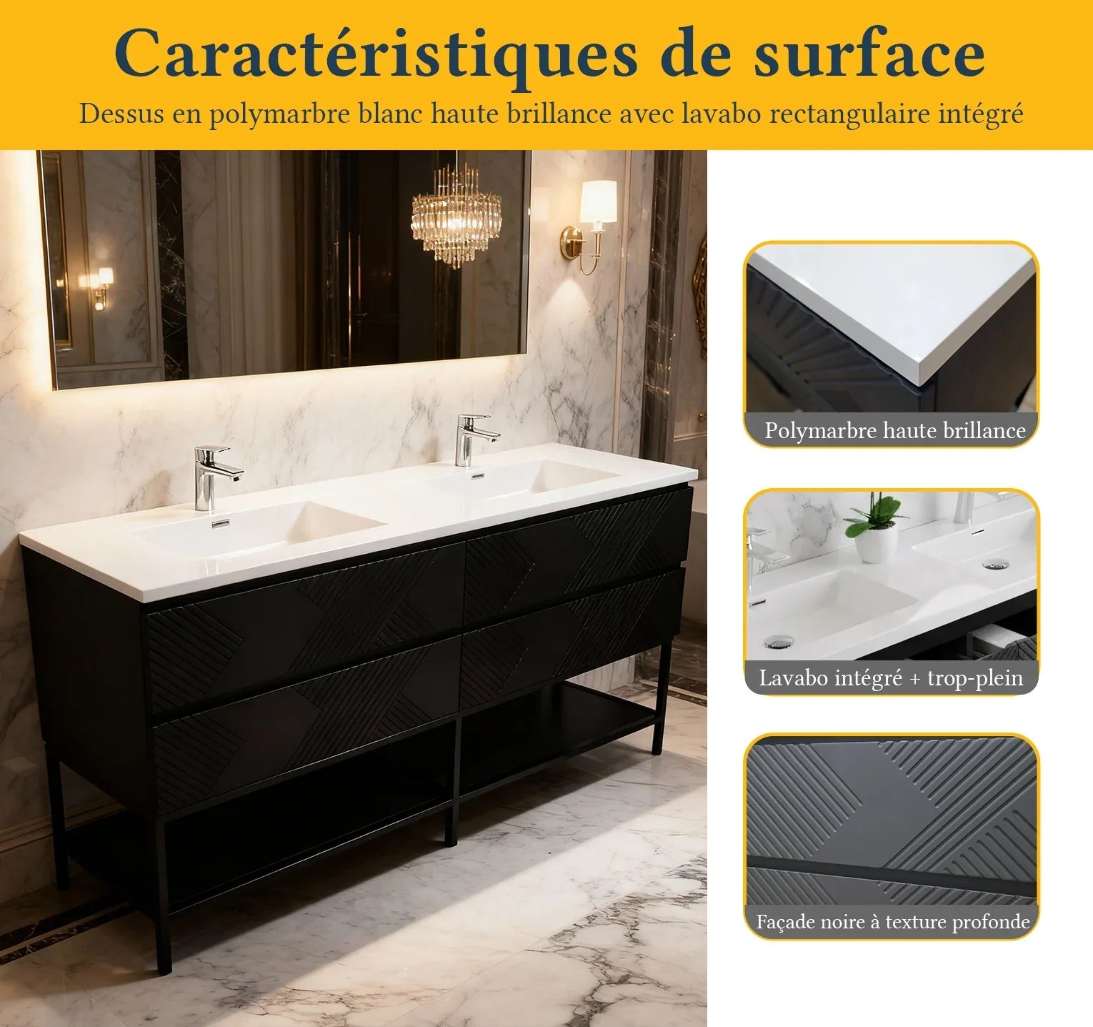72" Black Wall Mount Double Sink Bathroom Vanity with White Polymarble Countertop-Migration_Bathroom Vanities-DECOROLALA