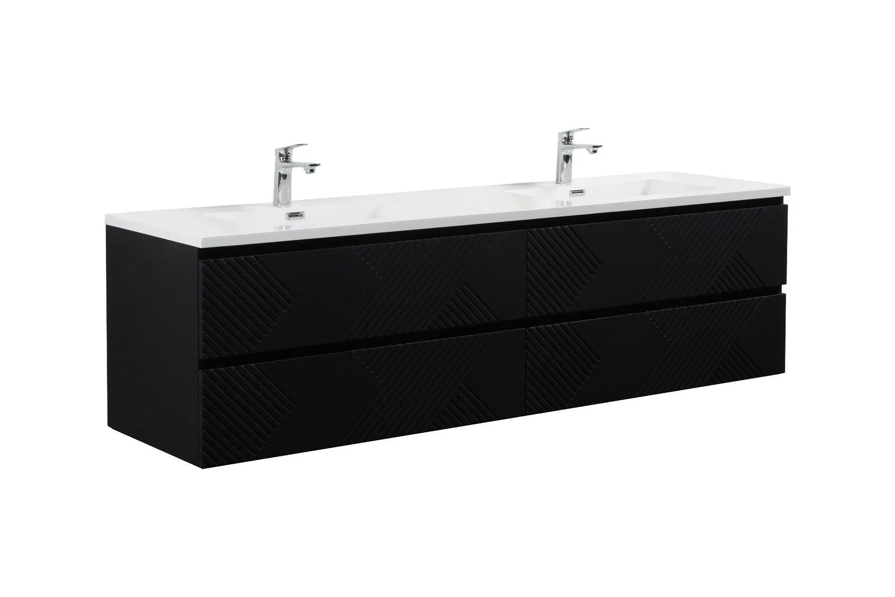 72" Black Wall Mount Double Sink Bathroom Vanity with White Polymarble Countertop-Migration_Bathroom Vanities-DECOROLALA