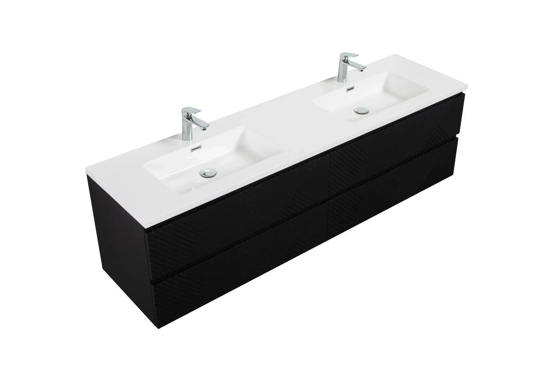 72" Black Wall Mount Double Sink Bathroom Vanity with White Polymarble Countertop-Migration_Bathroom Vanities-DECOROLALA