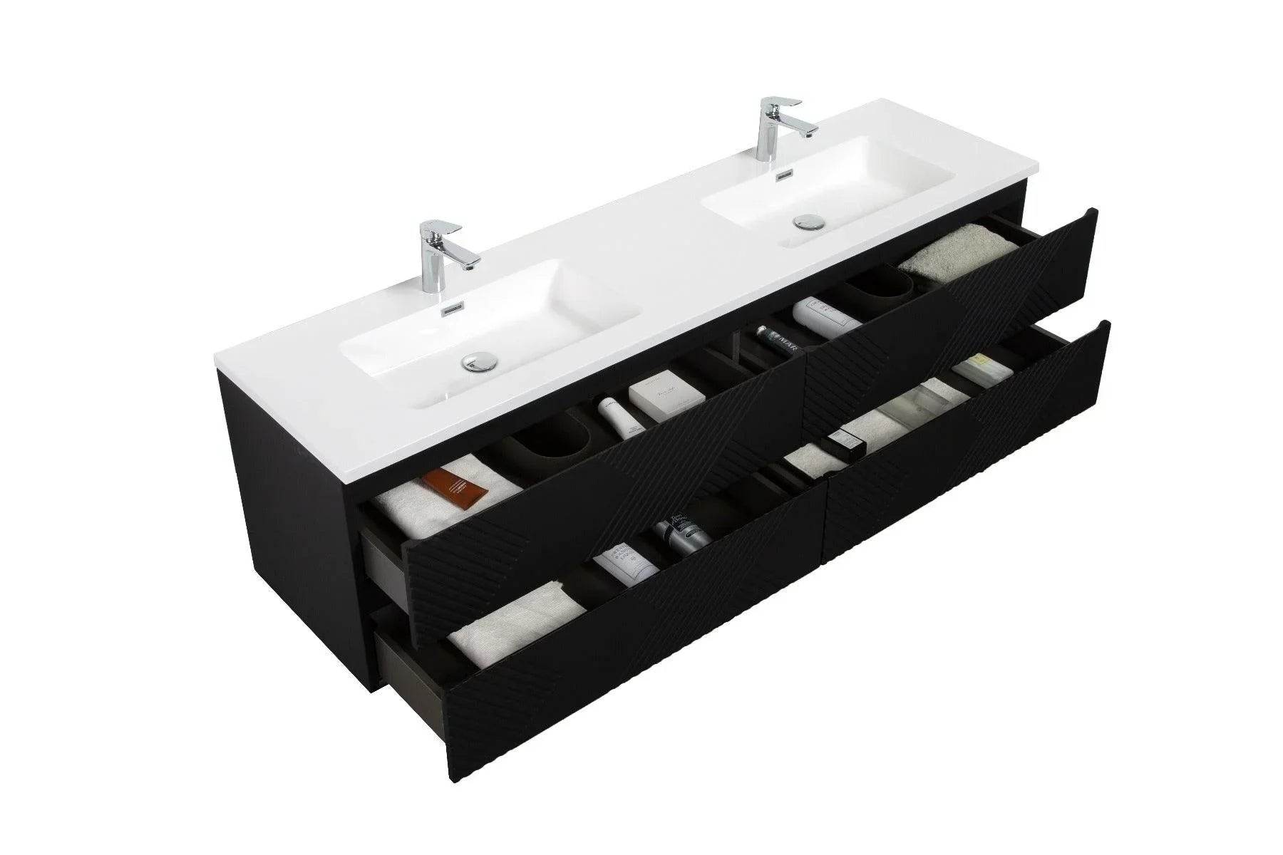 72" Black Wall Mount Double Sink Bathroom Vanity with White Polymarble Countertop-Migration_Bathroom Vanities-DECOROLALA