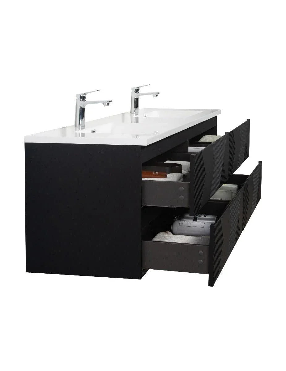 72" Black Wall Mount Double Sink Bathroom Vanity with White Polymarble Countertop-Migration_Bathroom Vanities-DECOROLALA