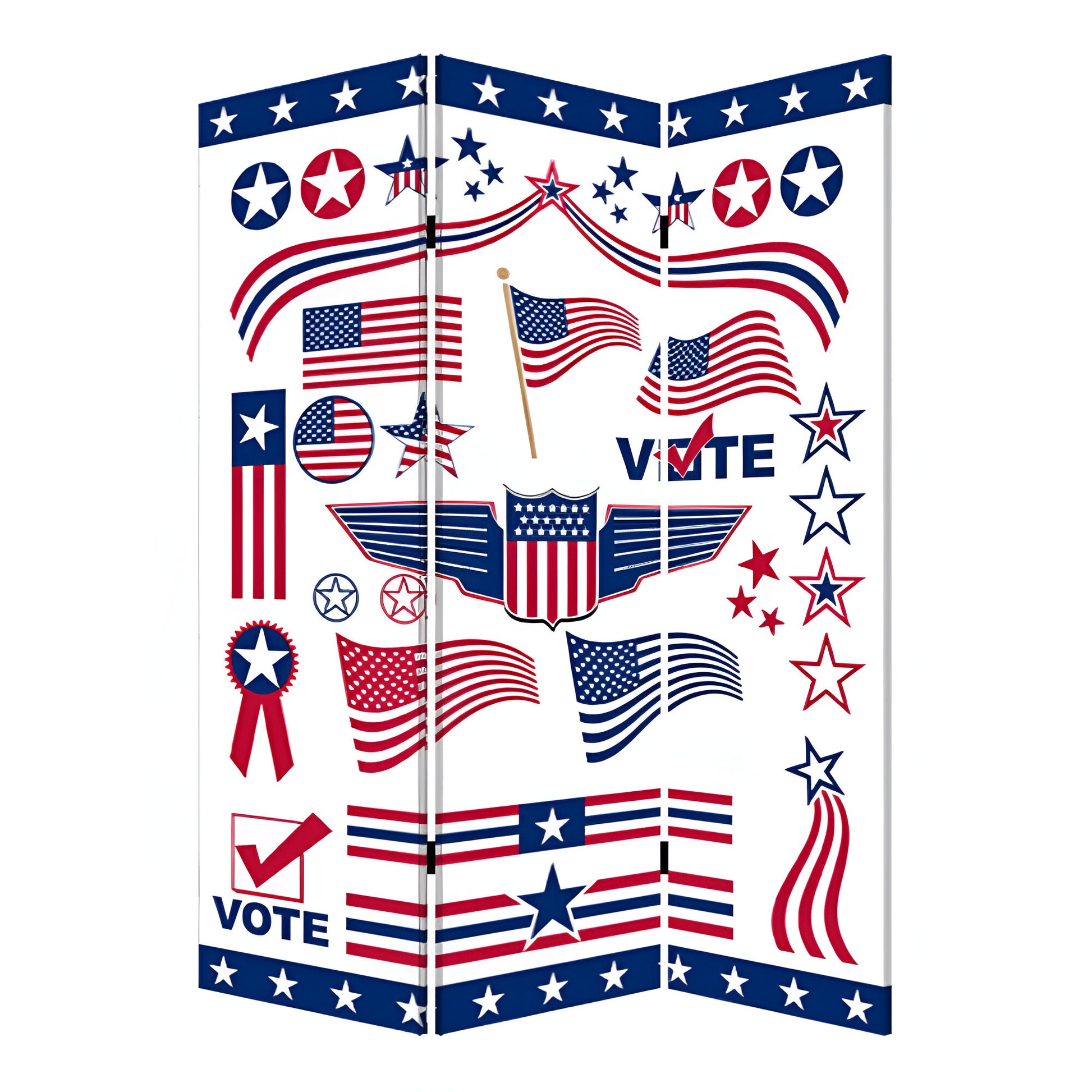 72" Blue and White Canvas Folding Three Panel Screen Room Divider-Room Dividers-DECOROLALA