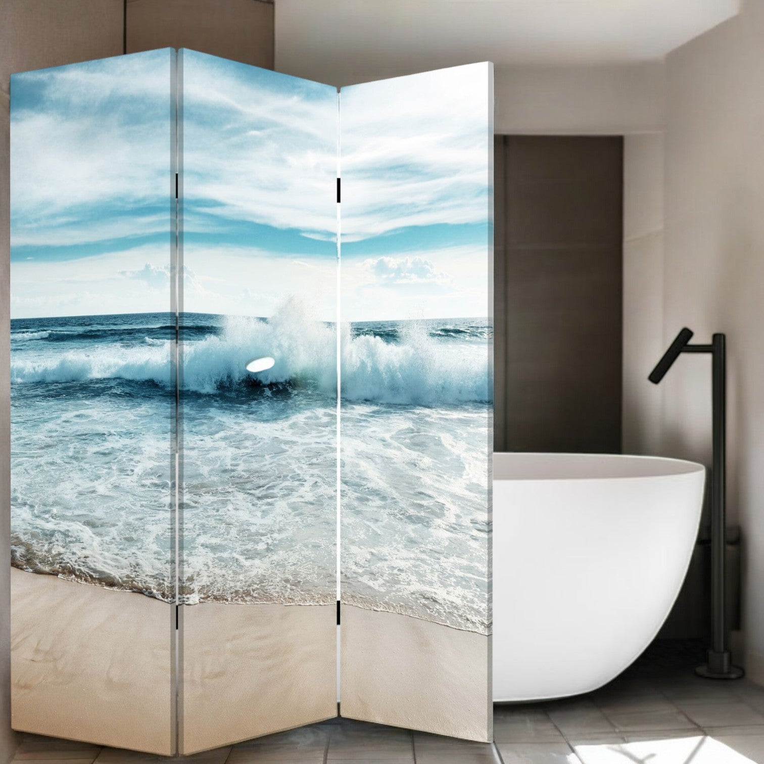 72" Blue and White Canvas Folding Three Panel Screen Room Divider-Room Dividers-DECOROLALA