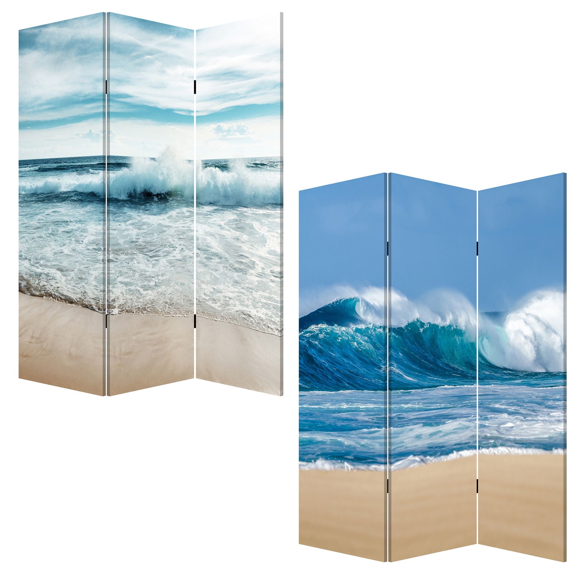 72" Blue and White Canvas Folding Three Panel Screen Room Divider-Room Dividers-DECOROLALA