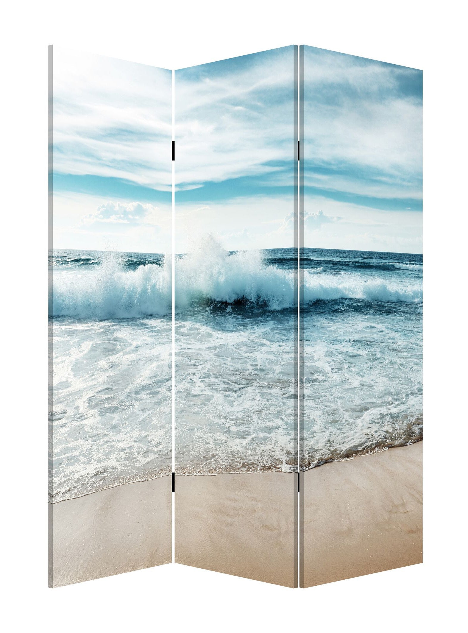 72" Blue and White Canvas Folding Three Panel Screen Room Divider-Room Dividers-DECOROLALA