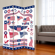 72" Blue and White Canvas Folding Three Panel Screen Room Divider-Room Dividers-DECOROLALA