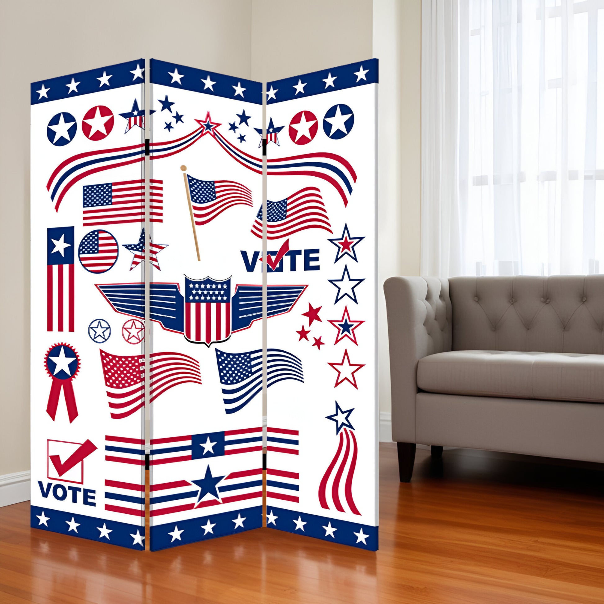 72" Blue and White Canvas Folding Three Panel Screen Room Divider-Room Dividers-DECOROLALA