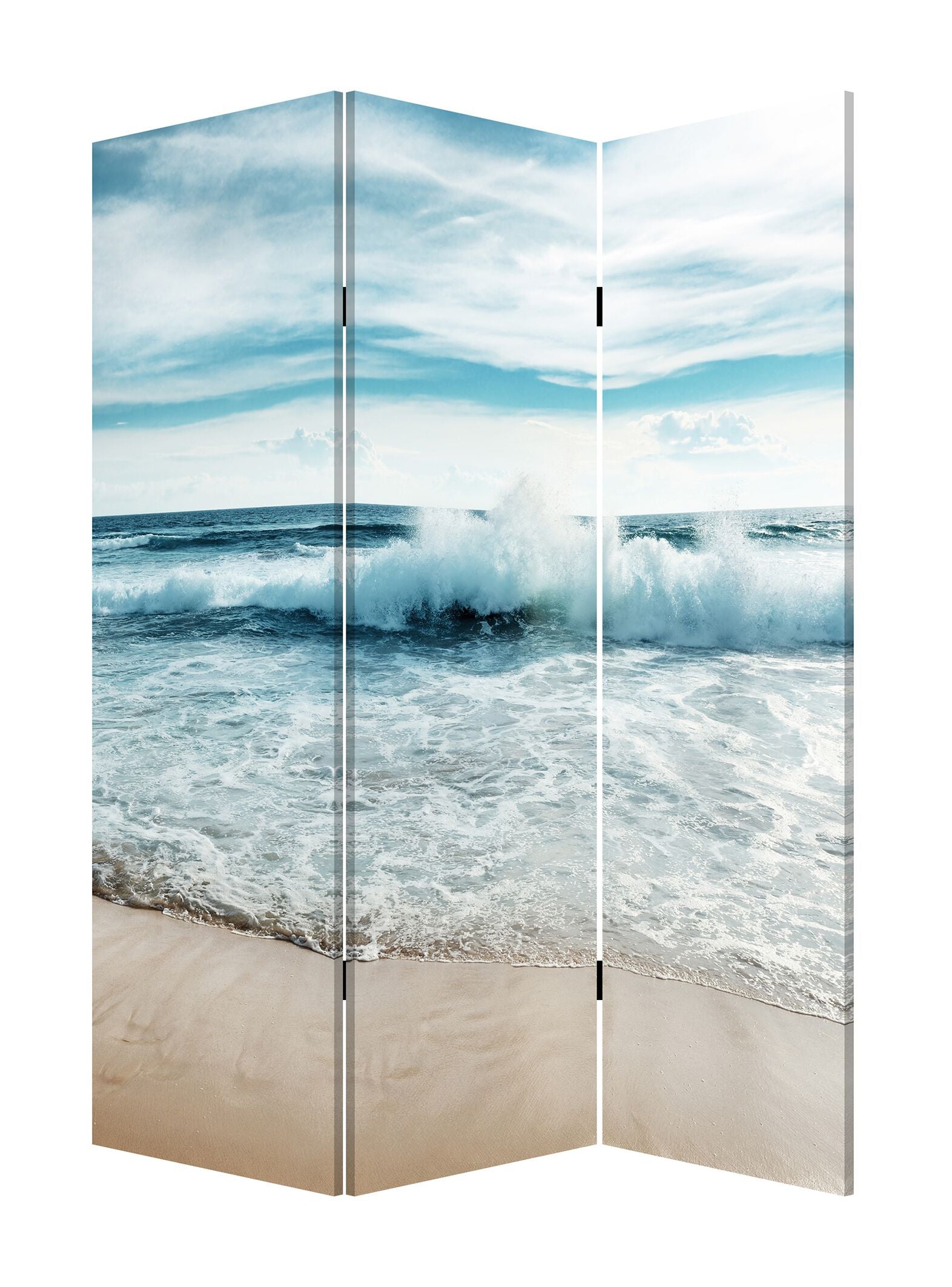 72" Blue and White Canvas Folding Three Panel Screen Room Divider-Room Dividers-DECOROLALA