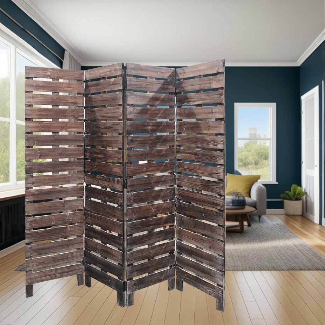 72" Brown Folding Four Panel Screen Room Divider-Room Dividers-DECOROLALA