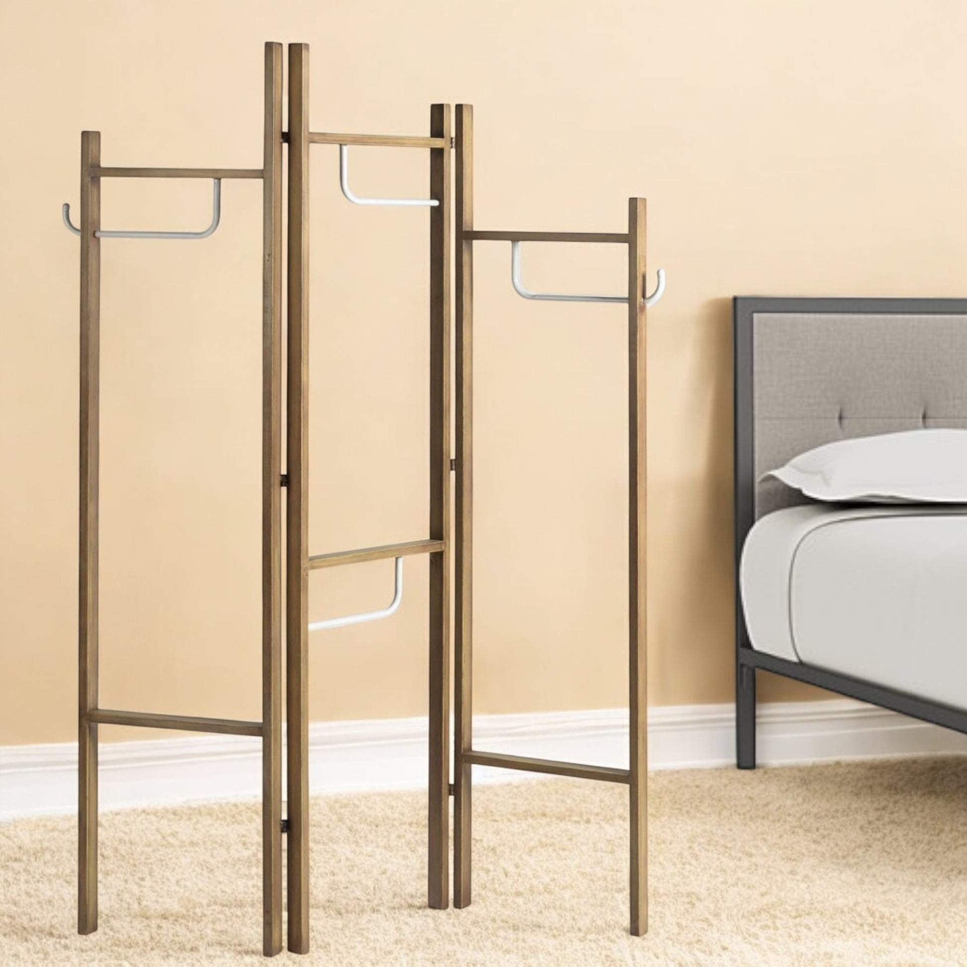 72" Brown Iron Folding Three Panel Screen Room Divider-Room Dividers-DECOROLALA