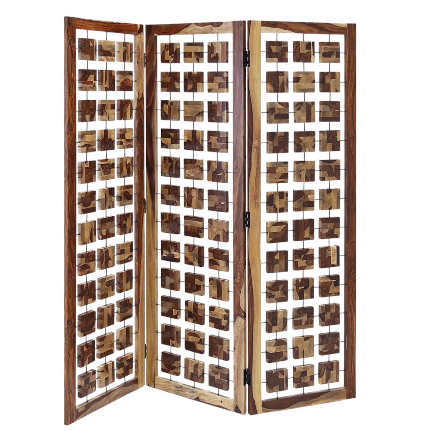 72" Brown Solid Wood Folding Three Panel Screen Room Divider-Room Dividers-DECOROLALA