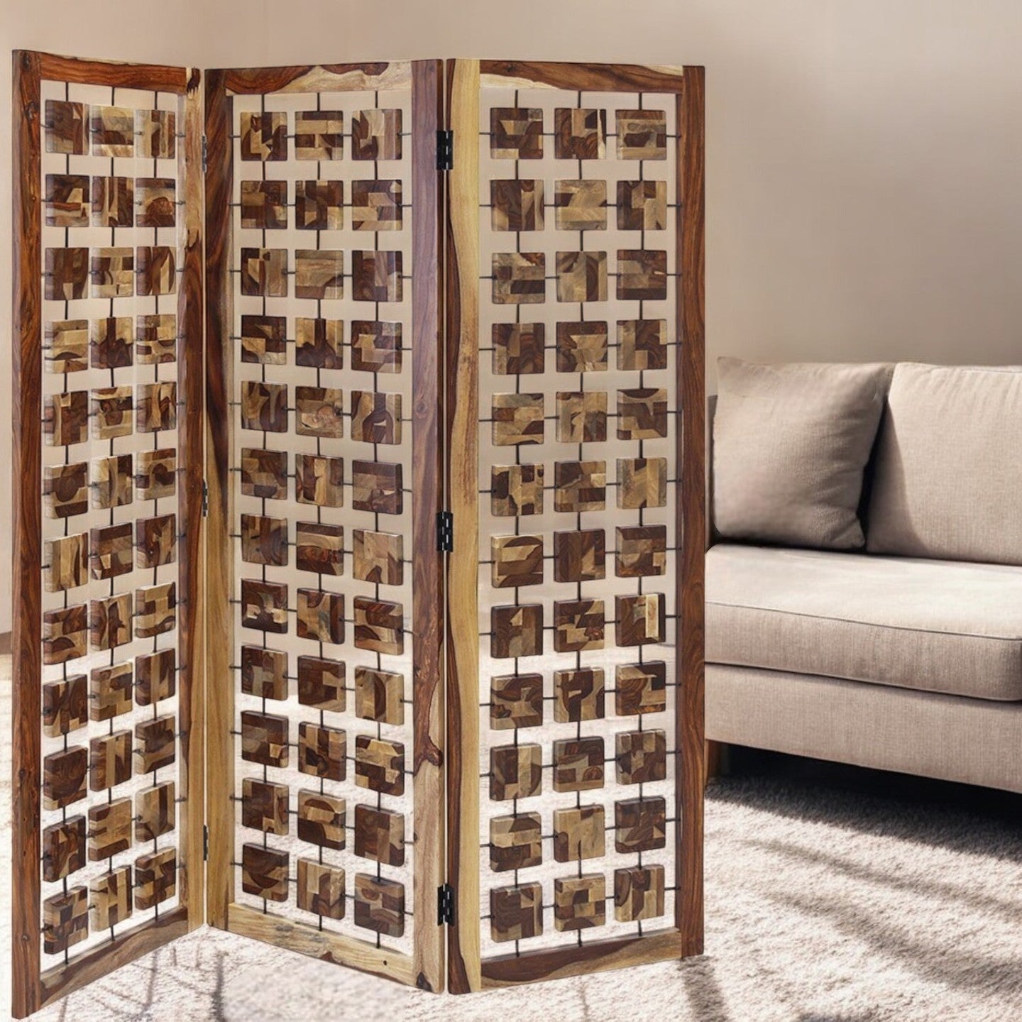 72" Brown Solid Wood Folding Three Panel Screen Room Divider-Room Dividers-DECOROLALA