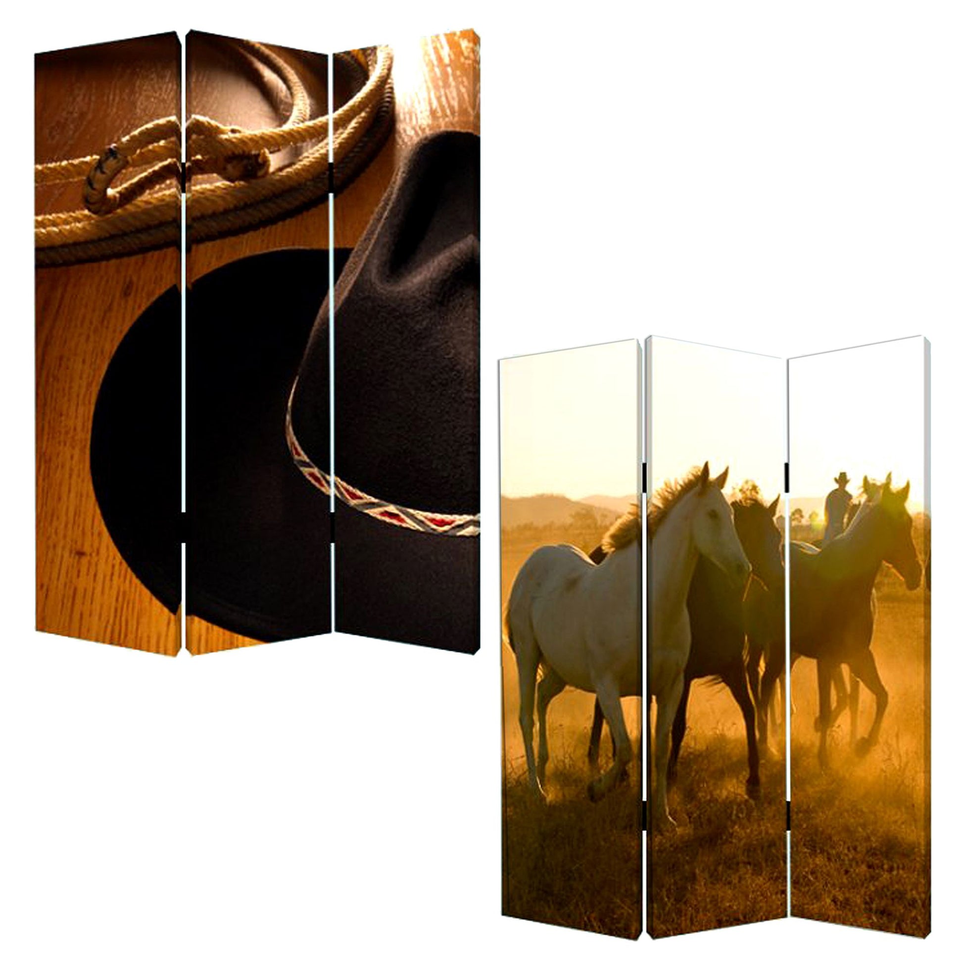 72" Brown and Black Canvas Folding Three Panel Screen Room Divider-Room Dividers-DECOROLALA
