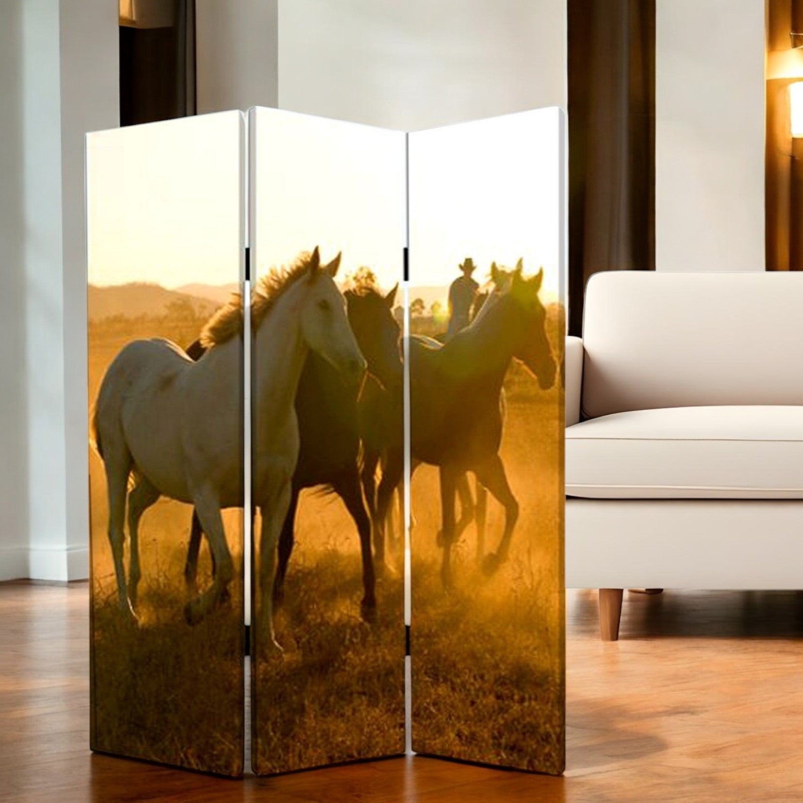 72" Brown and Black Canvas Folding Three Panel Screen Room Divider-Room Dividers-DECOROLALA