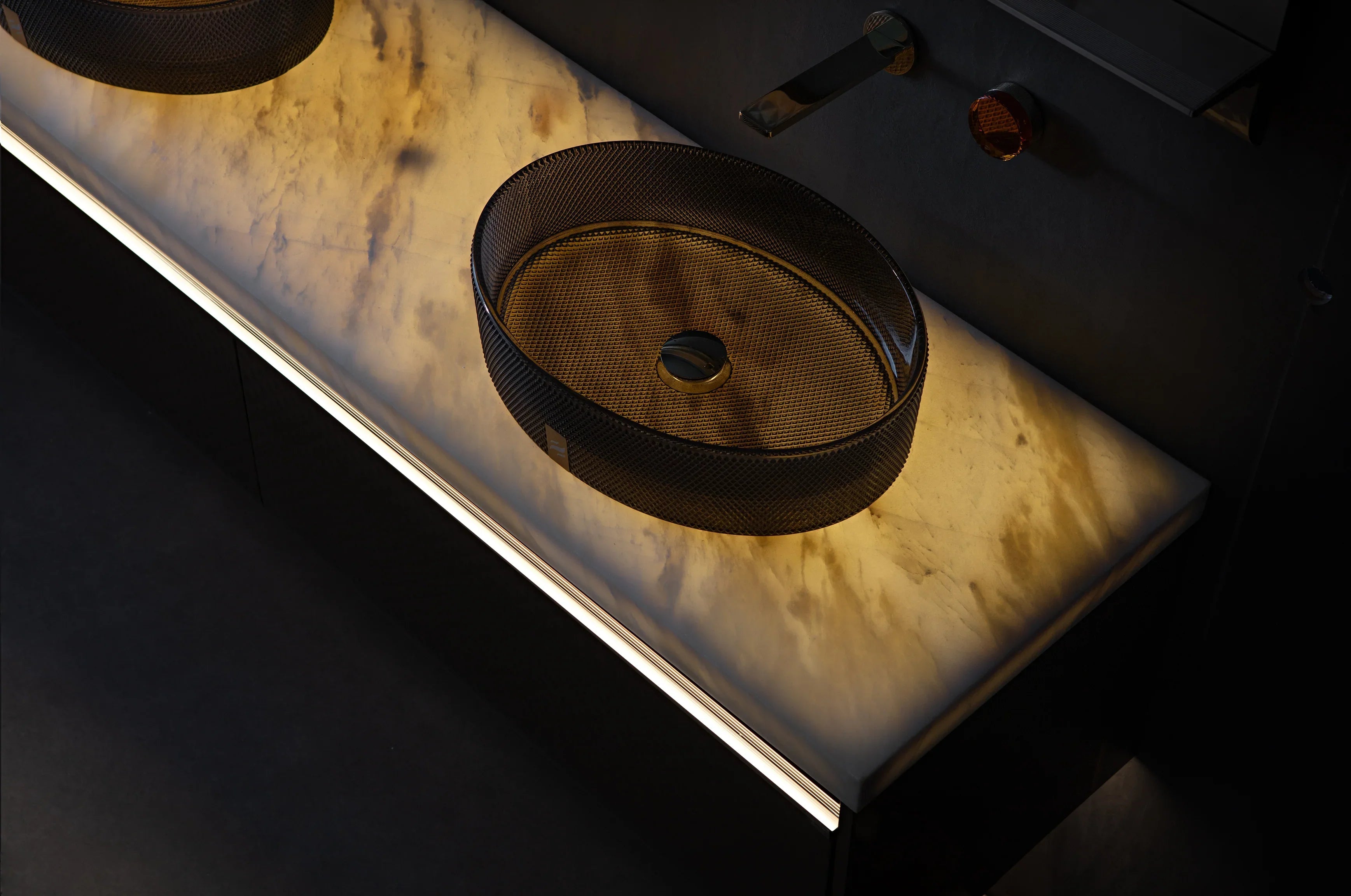 72" Champagne Floating LED Vanity with Royal White Jade Marble Countertop & Double Crystal Sinks-Migration_Bathroom Vanities-DECOROLALA