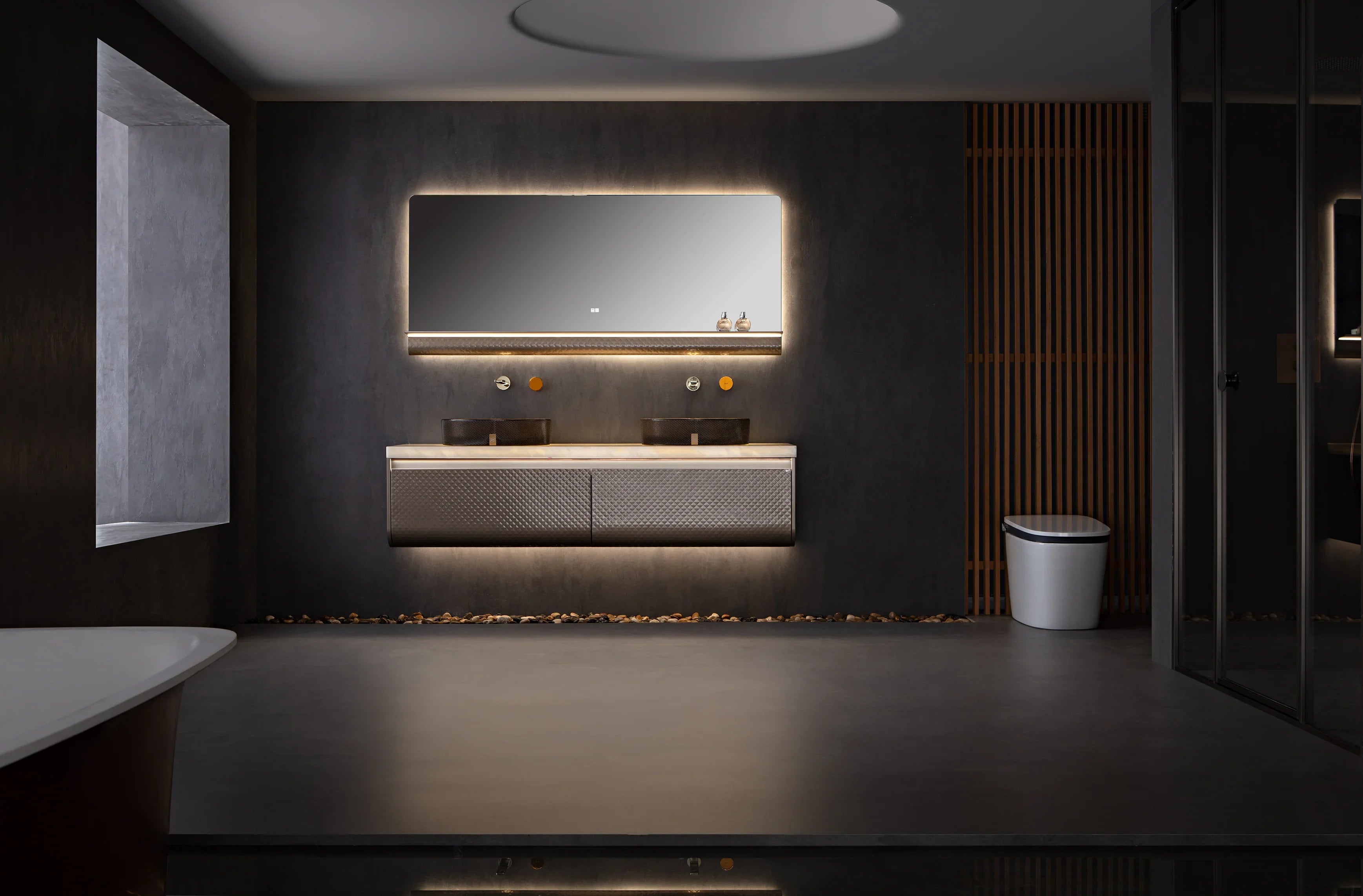 72" Champagne Floating LED Vanity with Royal White Jade Marble Countertop & Double Crystal Sinks-Migration_Bathroom Vanities-DECOROLALA