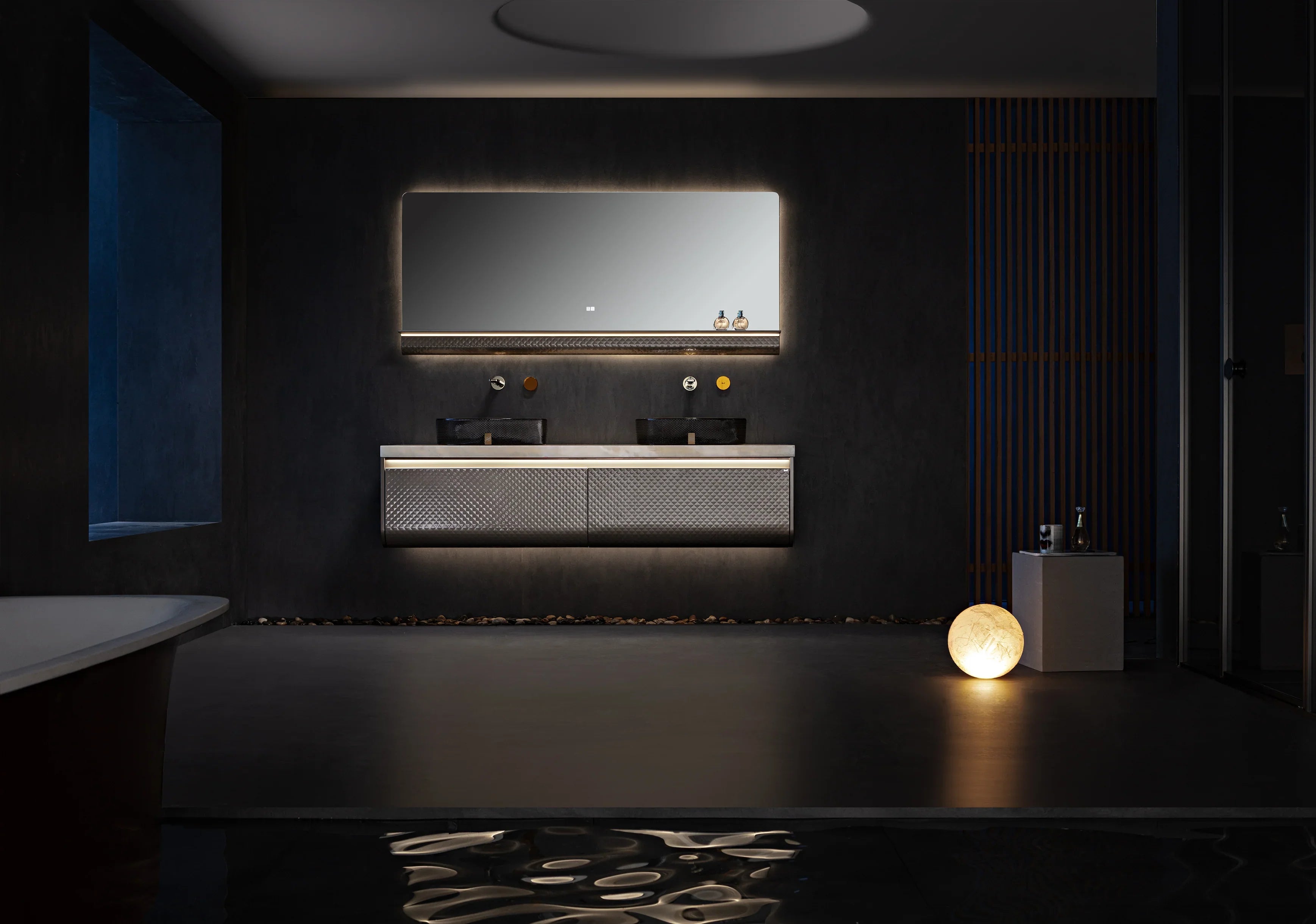 72" Champagne Floating LED Vanity with Royal White Jade Marble Countertop & Double Crystal Sinks-Migration_Bathroom Vanities-DECOROLALA