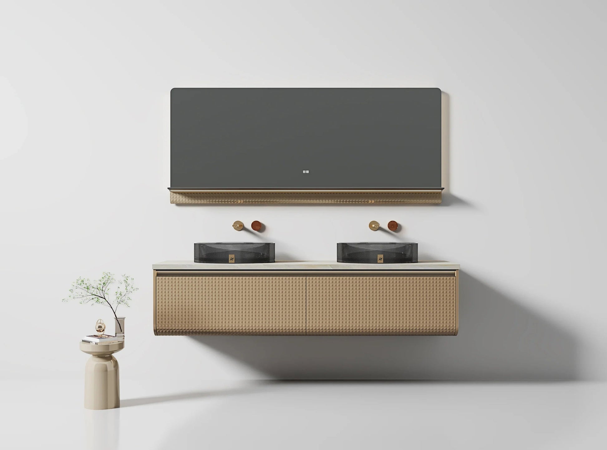 72" Champagne Floating LED Vanity with Royal White Jade Marble Countertop & Double Crystal Sinks-Migration_Bathroom Vanities-DECOROLALA