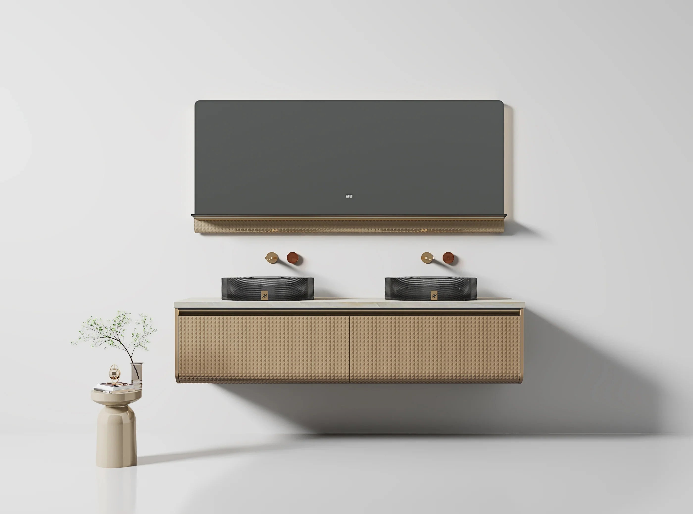 72" Champagne Floating LED Vanity with Royal White Jade Marble Countertop & Double Crystal Sinks-Migration_Bathroom Vanities-DECOROLALA