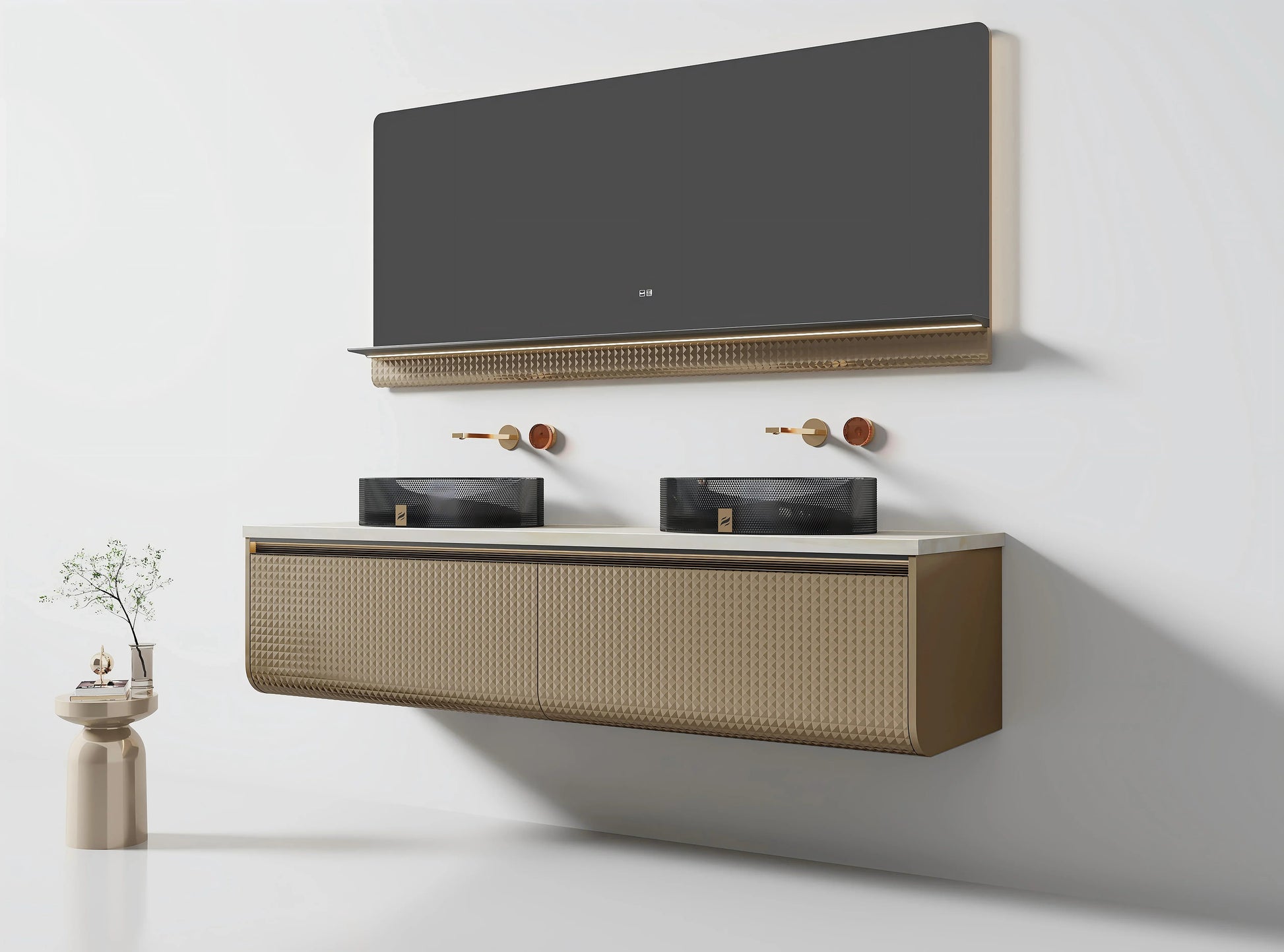 72" Champagne Floating LED Vanity with Royal White Jade Marble Countertop & Double Crystal Sinks-Migration_Bathroom Vanities-DECOROLALA