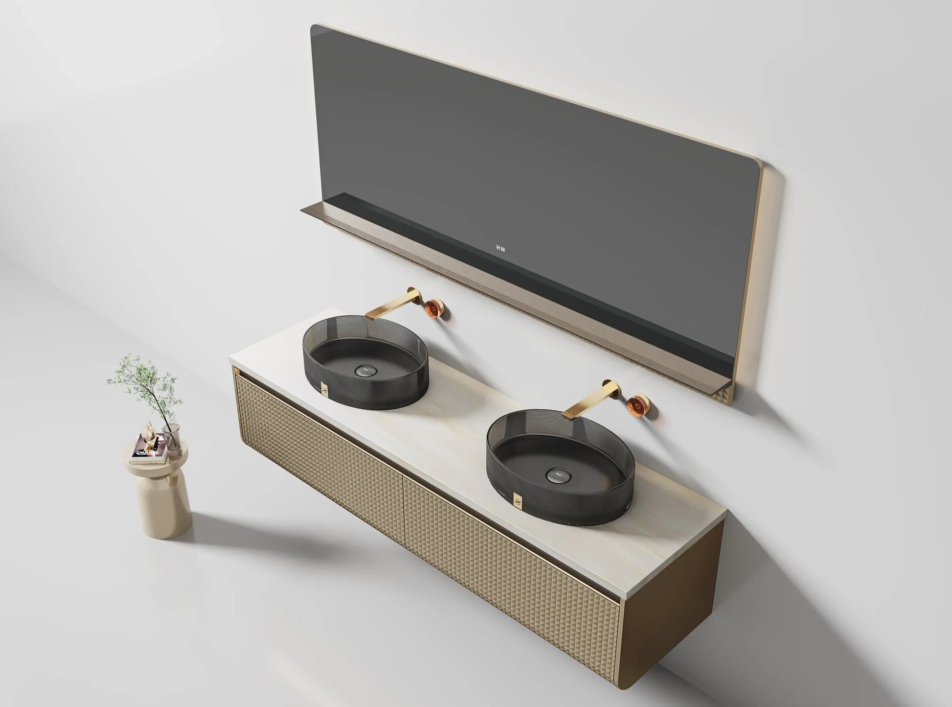 72" Champagne Floating LED Vanity with Royal White Jade Marble Countertop & Double Crystal Sinks-Migration_Bathroom Vanities-DECOROLALA