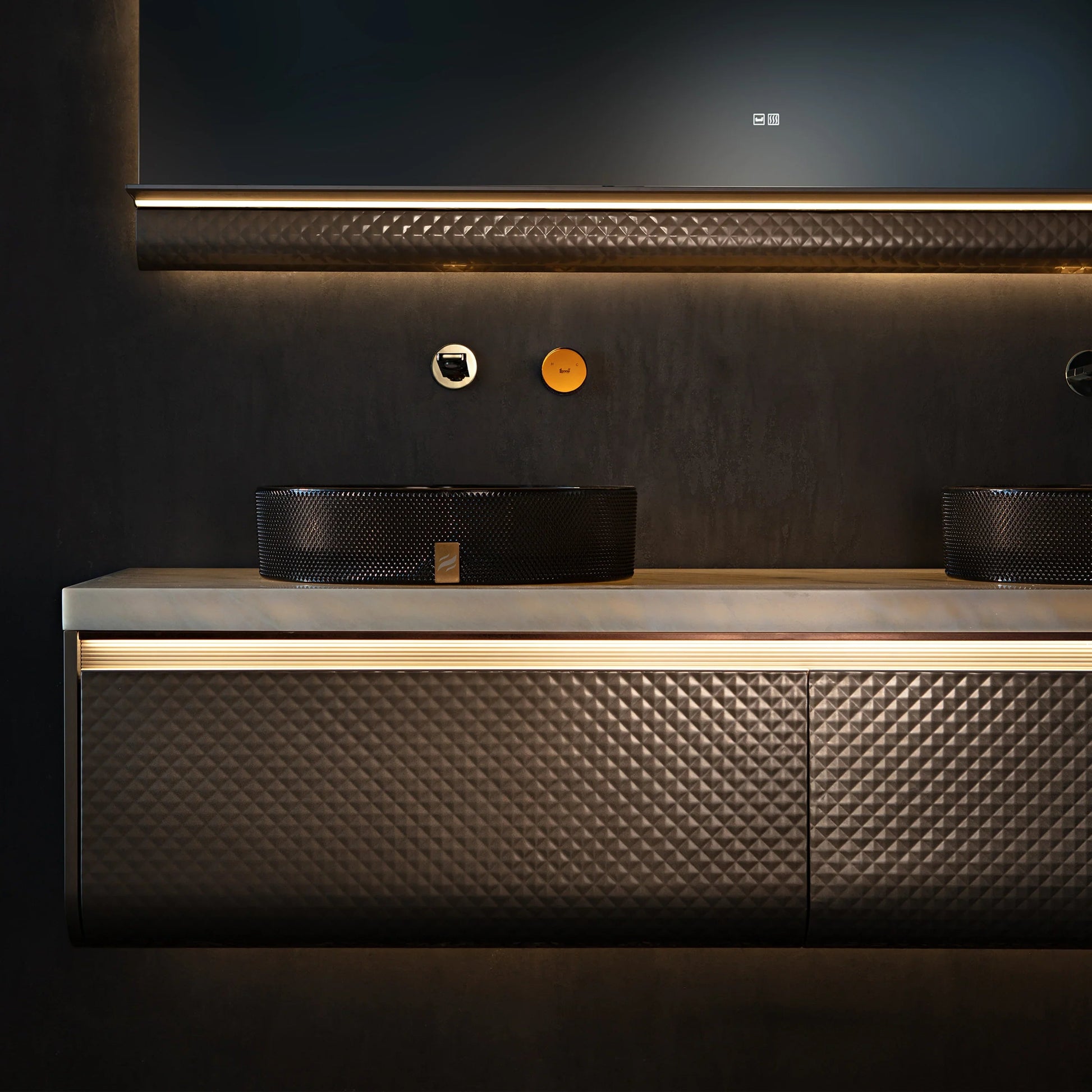 72" Champagne Floating LED Vanity with Royal White Jade Marble Countertop & Double Crystal Sinks-Migration_Bathroom Vanities-DECOROLALA