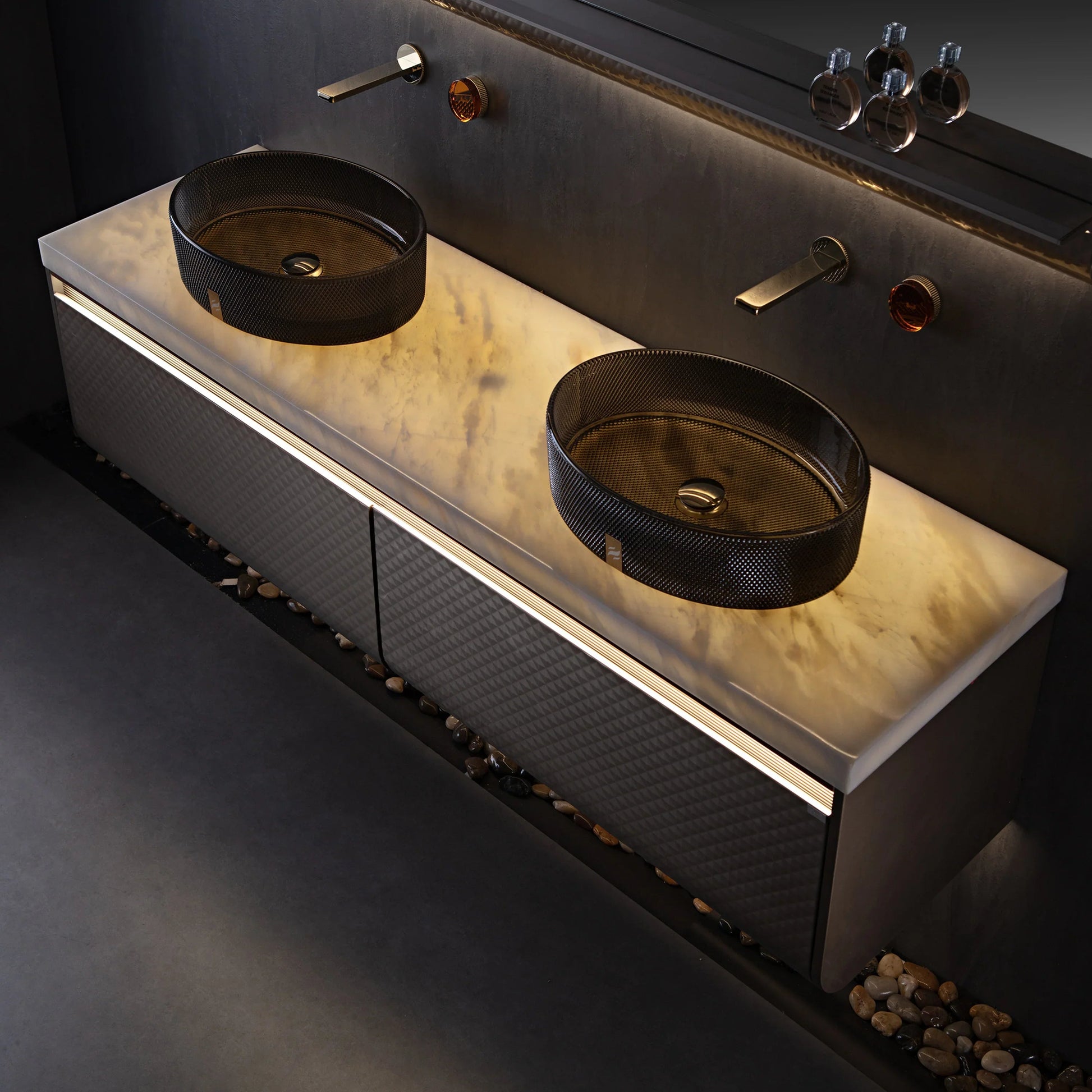 72" Champagne Floating LED Vanity with Royal White Jade Marble Countertop & Double Crystal Sinks-Migration_Bathroom Vanities-DECOROLALA