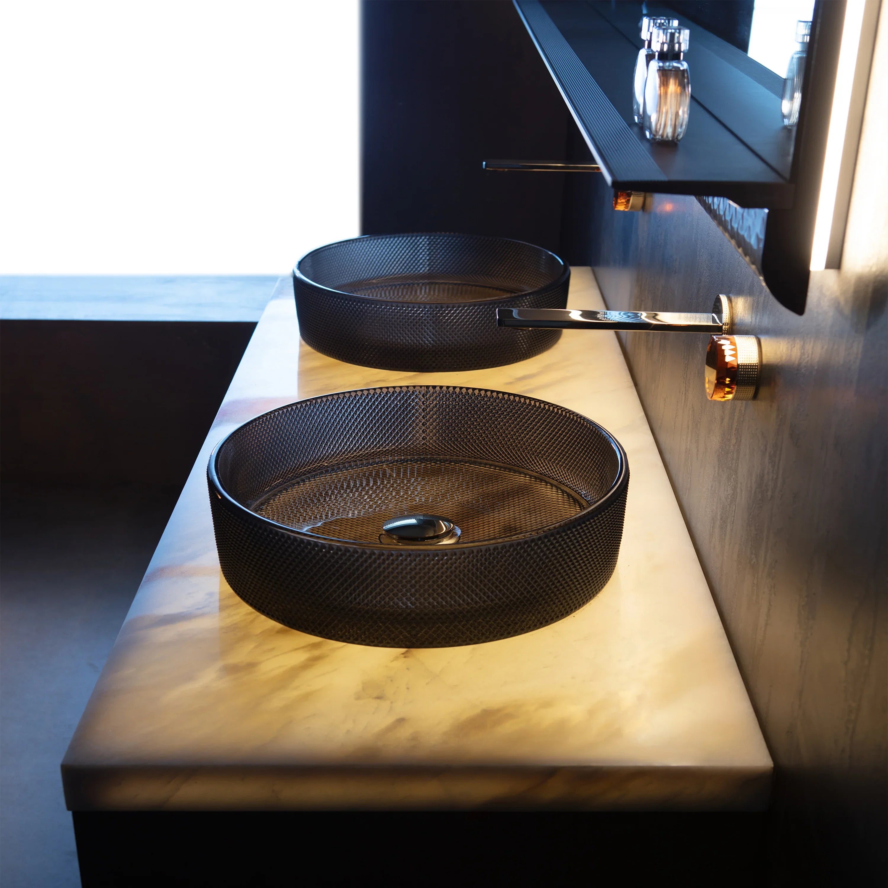 72" Champagne Floating LED Vanity with Royal White Jade Marble Countertop & Double Crystal Sinks-Migration_Bathroom Vanities-DECOROLALA