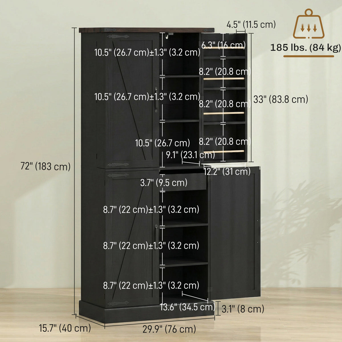 72" Farmhouse Kitchen Pantry Cabinet - Black Storage Cabinet-Home Furnishings > Storage & Organization > Kitchen Pantry Cabinets-DECOROLALA