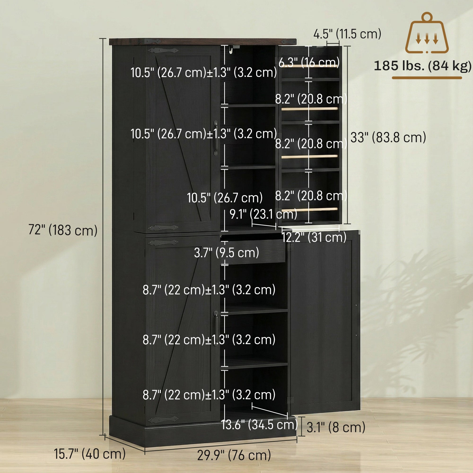 72" Farmhouse Kitchen Pantry Cabinet - Black Storage Cabinet-Home Furnishings > Storage & Organization > Kitchen Pantry Cabinets-DECOROLALA