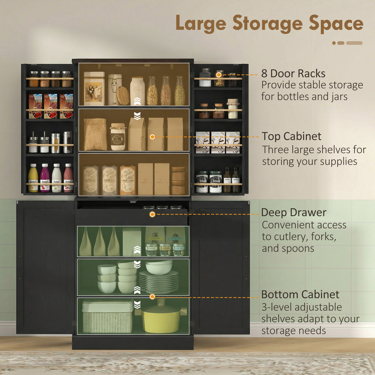 72" Farmhouse Kitchen Pantry Cabinet - Black Storage Cabinet-Home Furnishings > Storage & Organization > Kitchen Pantry Cabinets-DECOROLALA