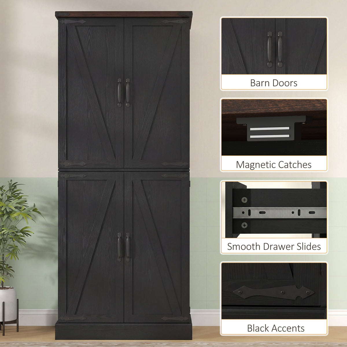 72" Farmhouse Kitchen Pantry Cabinet - Black Storage Cabinet-Home Furnishings > Storage & Organization > Kitchen Pantry Cabinets-DECOROLALA