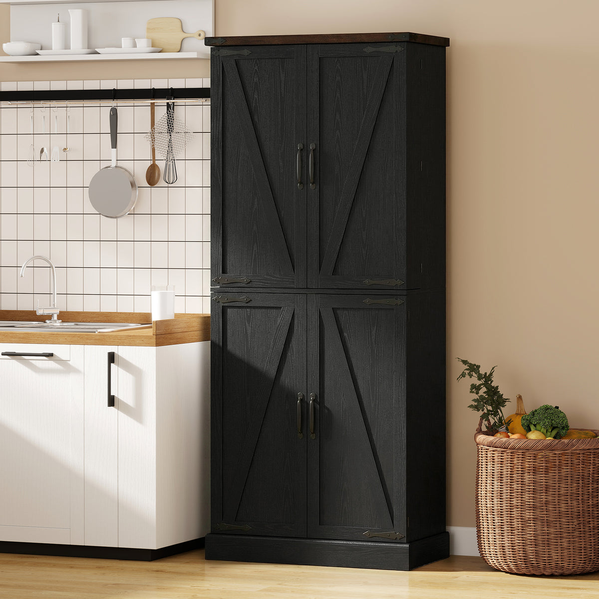 72" Farmhouse Kitchen Pantry Cabinet - Black Storage Cabinet-Home Furnishings > Storage & Organization > Kitchen Pantry Cabinets-DECOROLALA
