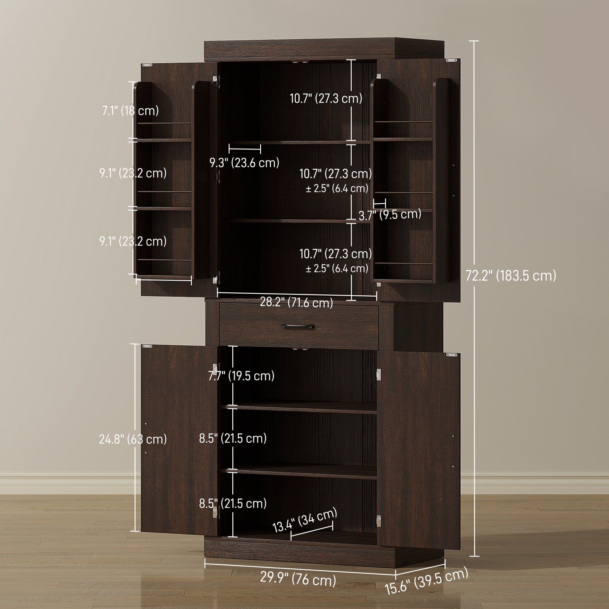 72" Farmhouse Kitchen Pantry Cabinet - Brown Barn Door Storage-Home Furnishings > Storage & Organization > Kitchen Pantry Cabinets-DECOROLALA