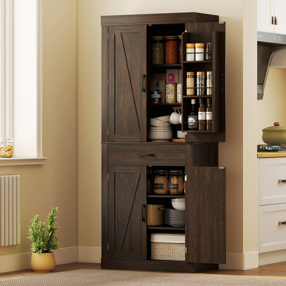 72" Farmhouse Kitchen Pantry Cabinet - Brown Barn Door Storage-Home Furnishings > Storage & Organization > Kitchen Pantry Cabinets-DECOROLALA