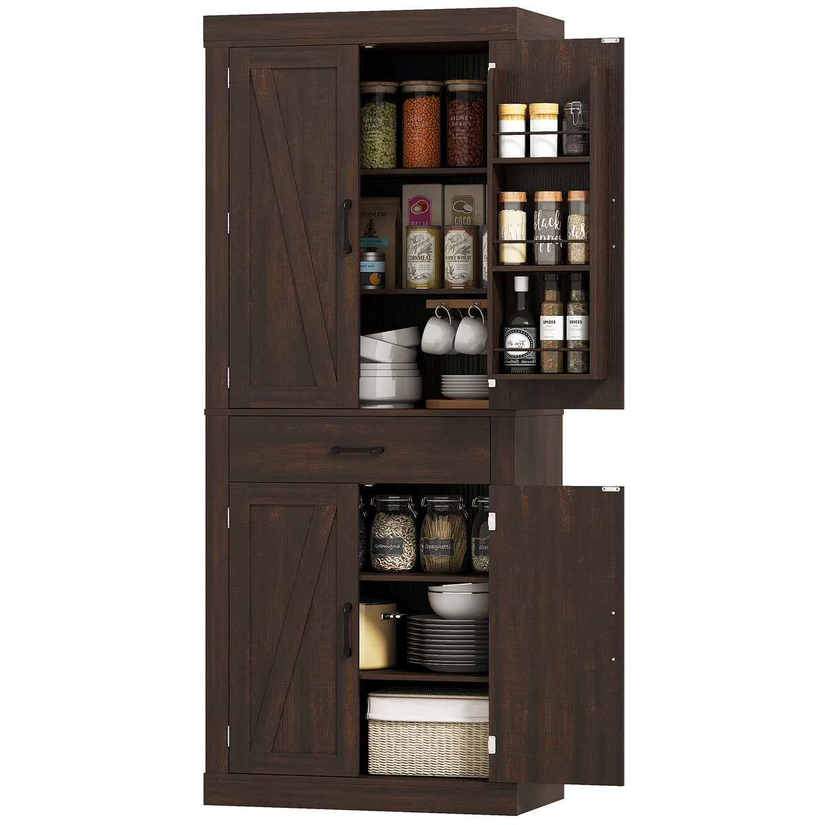 72" Farmhouse Kitchen Pantry Cabinet - Brown Barn Door Storage-Home Furnishings > Storage & Organization > Kitchen Pantry Cabinets-DECOROLALA