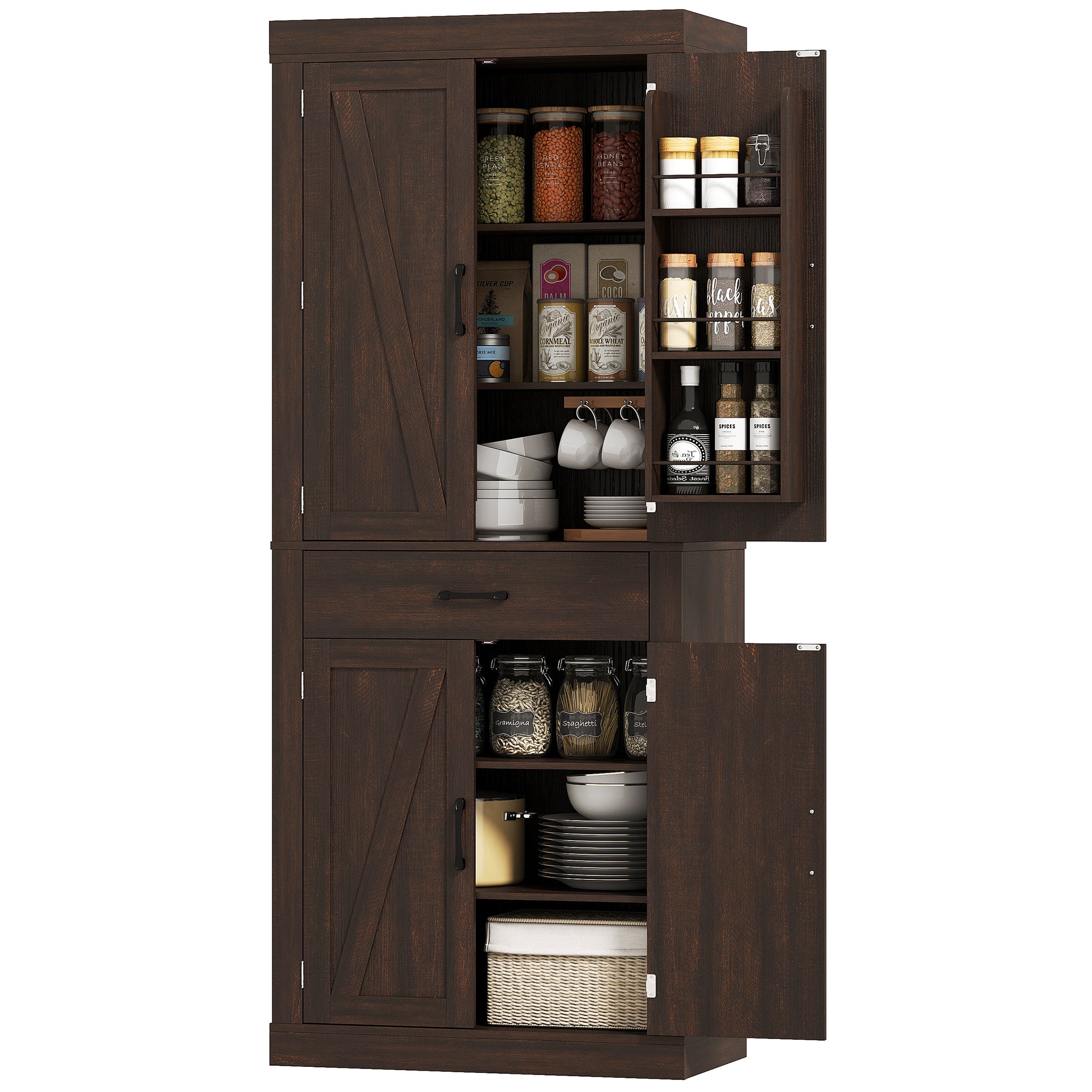 72" Farmhouse Kitchen Pantry Cabinet - Brown Barn Door Storage-Home Furnishings > Storage & Organization > Kitchen Pantry Cabinets-DECOROLALA