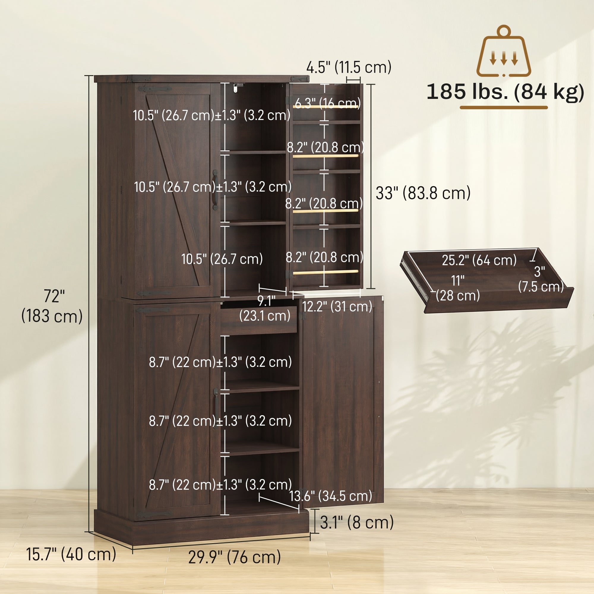 72" Farmhouse Kitchen Pantry Cabinet - Distressed Brown-Home Furnishings > Storage & Organization > Kitchen Pantry Cabinets-DECOROLALA