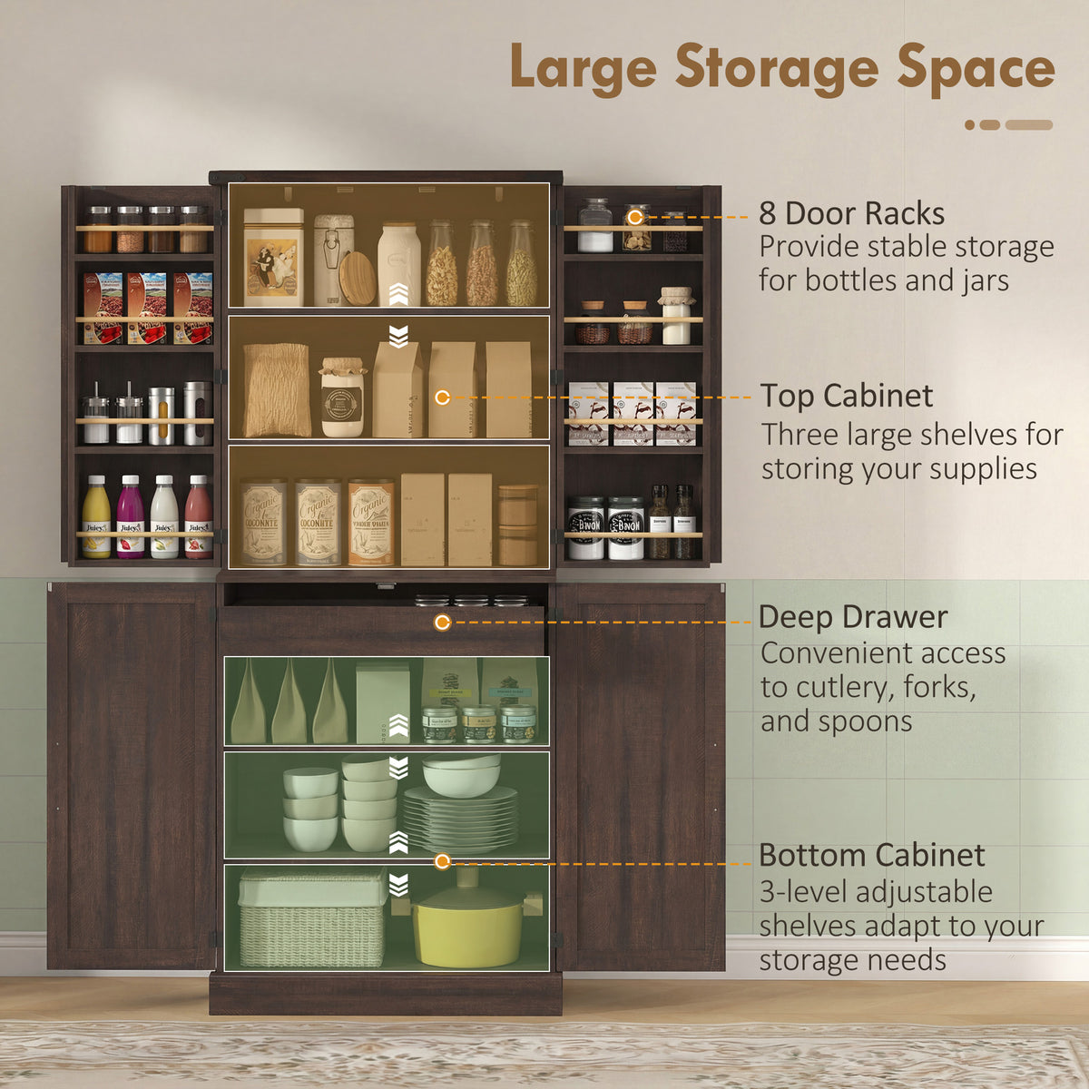 72" Farmhouse Kitchen Pantry Cabinet - Distressed Brown-Home Furnishings > Storage & Organization > Kitchen Pantry Cabinets-DECOROLALA