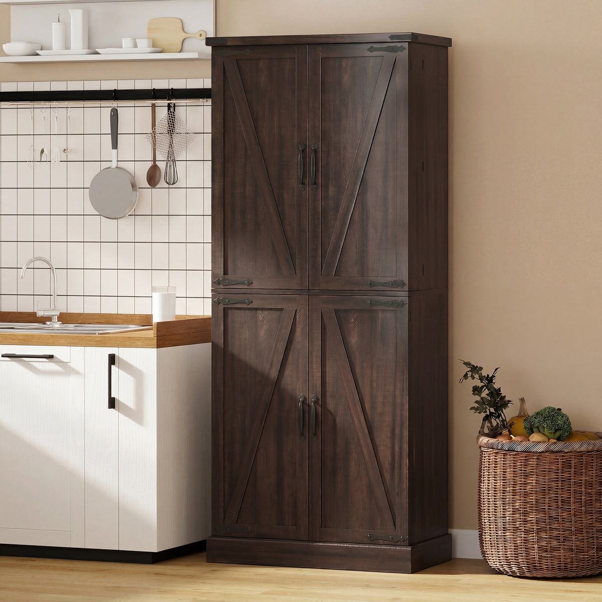 72" Farmhouse Kitchen Pantry Cabinet - Distressed Brown-Home Furnishings > Storage & Organization > Kitchen Pantry Cabinets-DECOROLALA