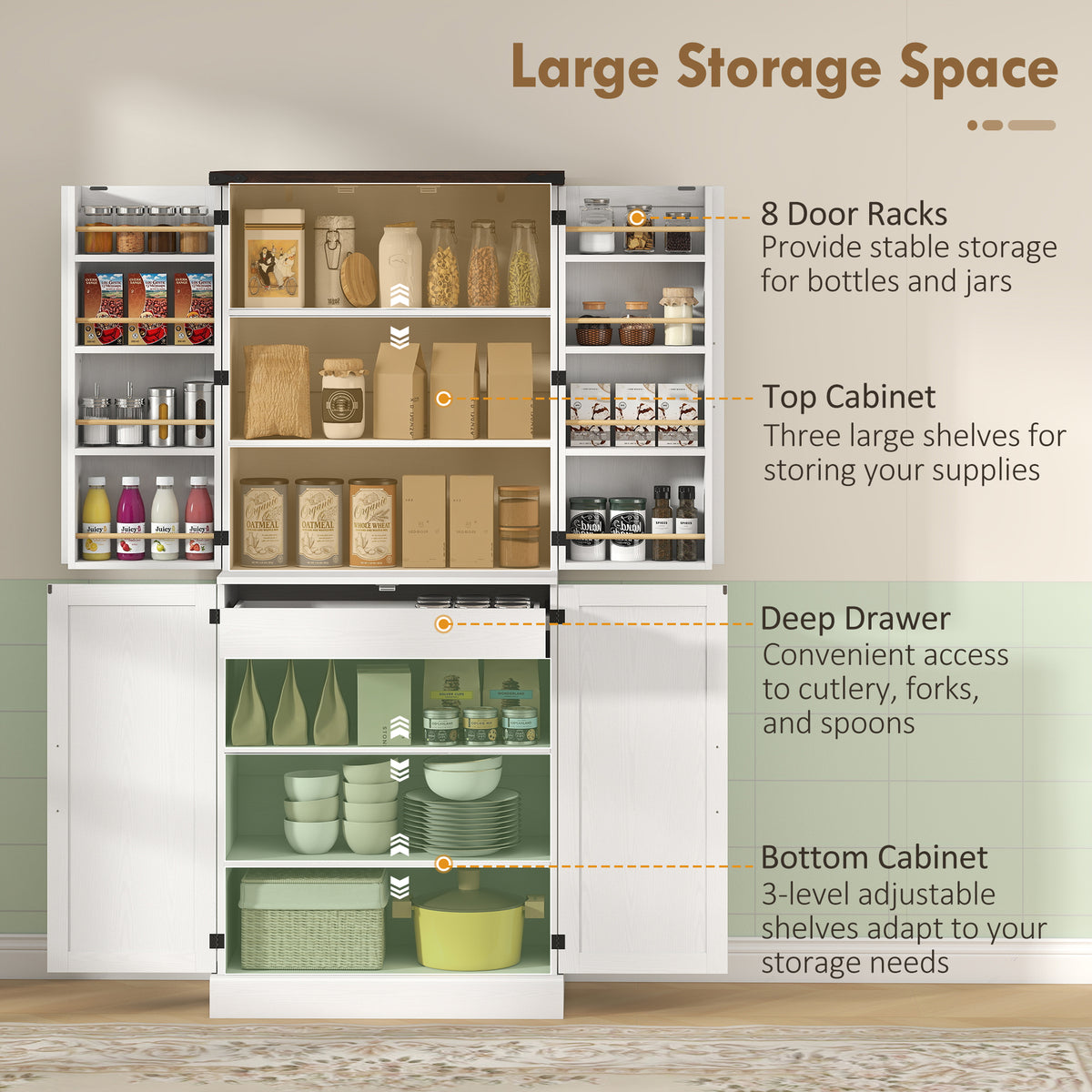 72" Farmhouse Kitchen Pantry Cabinet - White Oak 8 Door Racks-Home Furnishings > Storage & Organization > Kitchen Pantry Cabinets-DECOROLALA