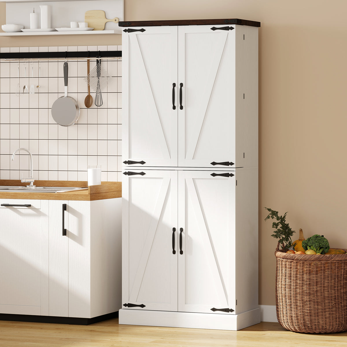 72" Farmhouse Kitchen Pantry Cabinet - White Oak 8 Door Racks-Home Furnishings > Storage & Organization > Kitchen Pantry Cabinets-DECOROLALA